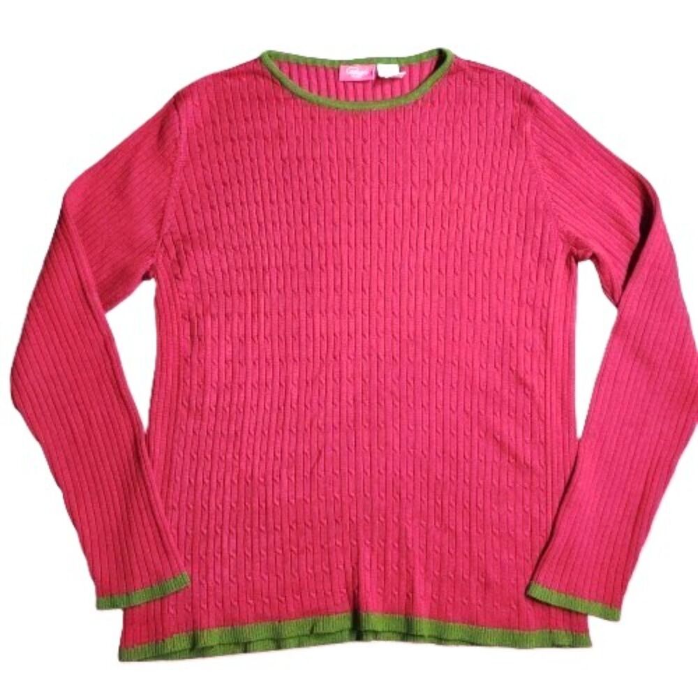 Pappagallo Woman 1X Ribbed Knit Sweater Pink Green Trim Crew Neck Long Sleeve